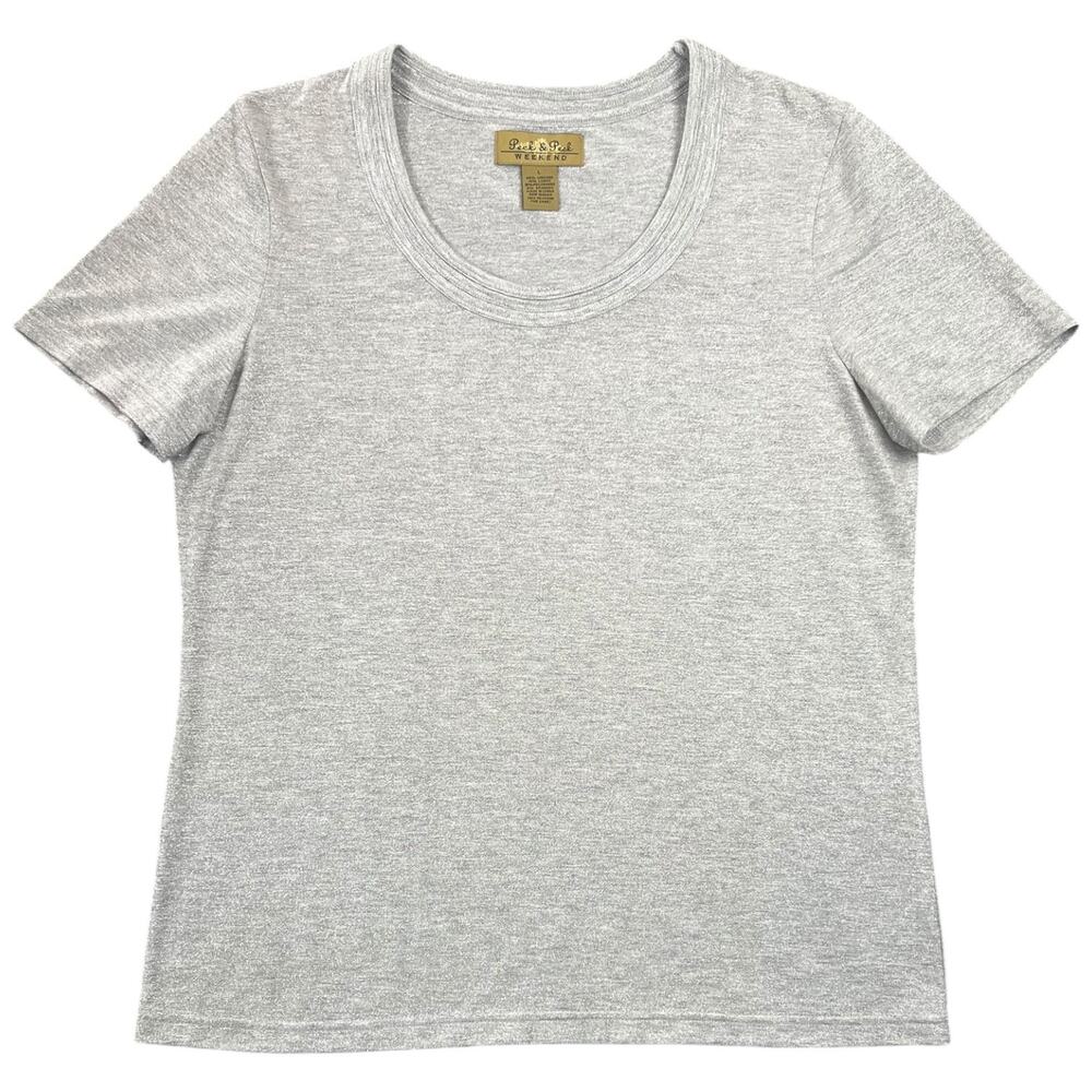 Peck & Peck Weekend Gray Lurex Knit Top Short Sleeve Shimmer Tee - L